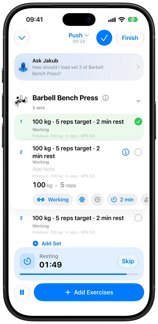 A Push workout in progress in Athleon, with the next set open and the rest timer running