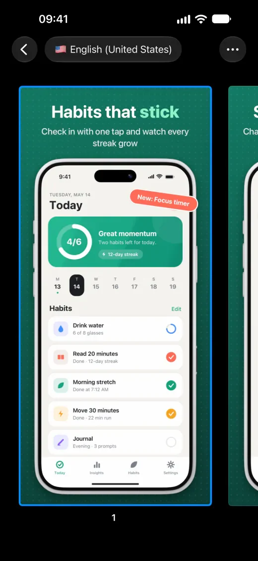 Bezelry on iPhone, with a set of App Store screenshots for a habit tracker