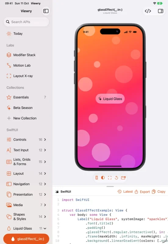 Viewry on iPad, showing a live Liquid Glass demo above its SwiftUI code